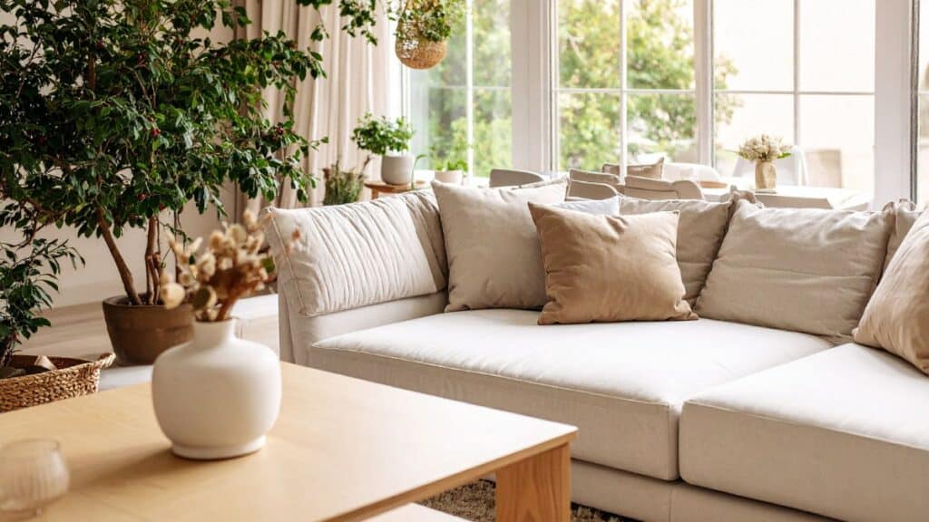 Well-maintained living room with spotless sofa from a cleaning team.